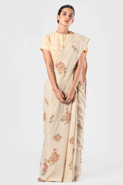 Anavila Blush Floral block printed sari