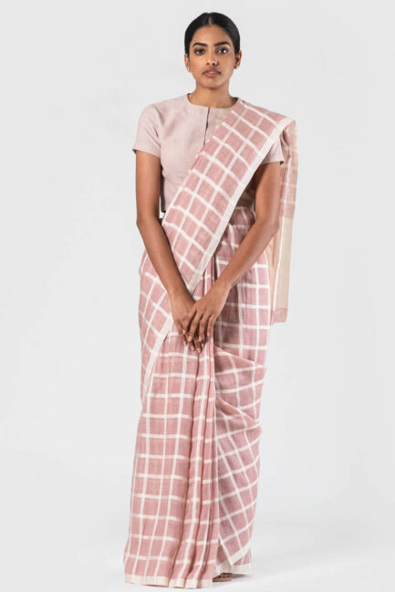 Anavila Blush Ivory silk grid linen sari