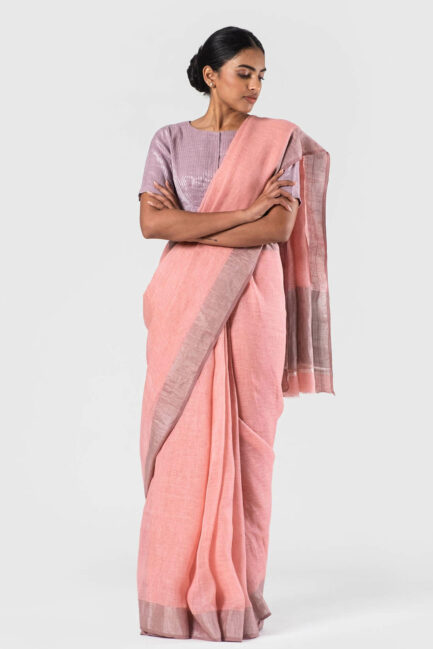 Anavila Pale pink Festive silver zari border sari
