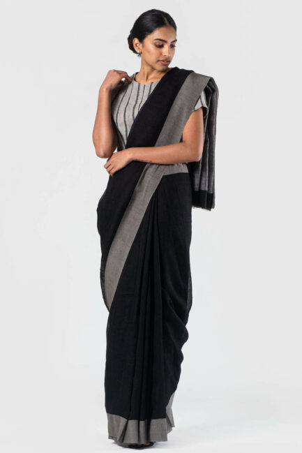 Anavila Black Summer cotton border sari