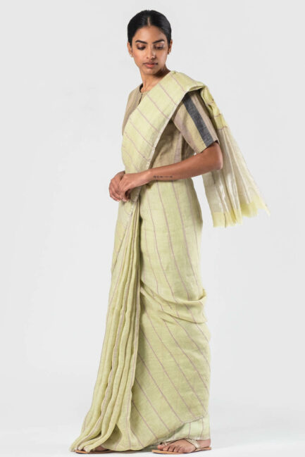 Anavila Soft green Ribbed cotton detail linen sari