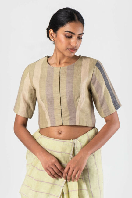 Anavila Green-Grey Linen striped blouse