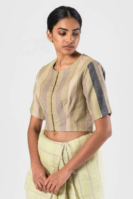 Anavila Green-Grey Linen striped blouse