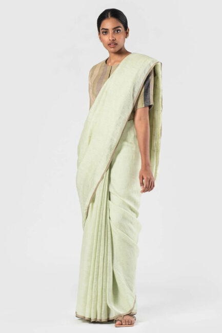 Anavila Pista green Linen slub detail sari