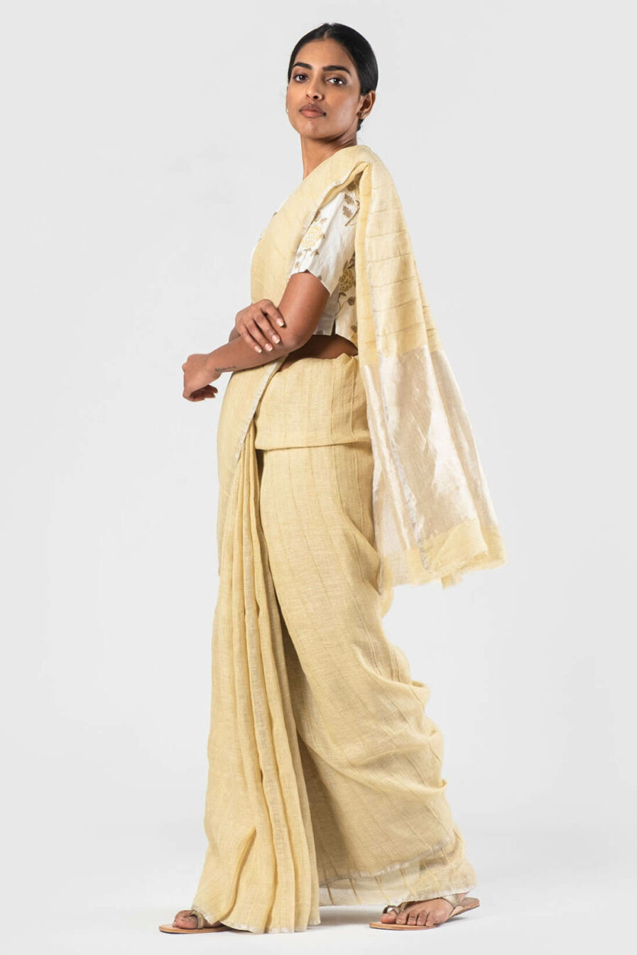 Anavila Lemon Ribbed cotton detail linen sari