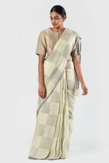 Anavila Green Warp block printed summer sari