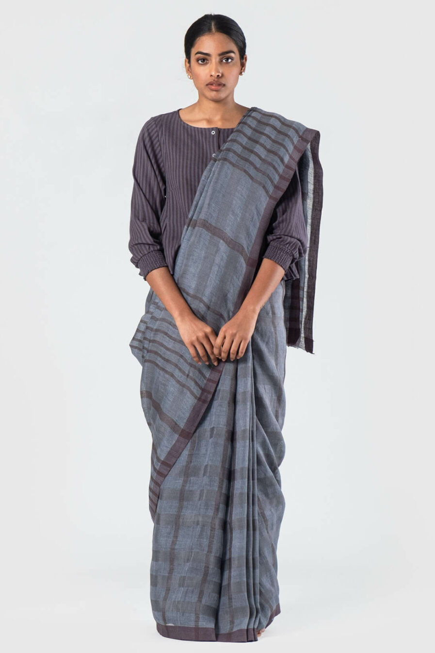 Anavila Pewter and wine Linen silk grid sari