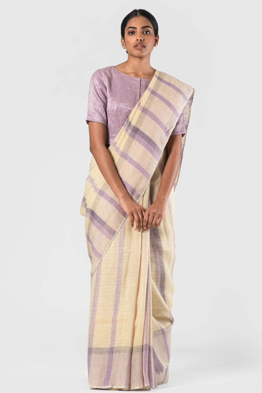 Anavila Lavender-Vanilla Natural plaid summer linen sari