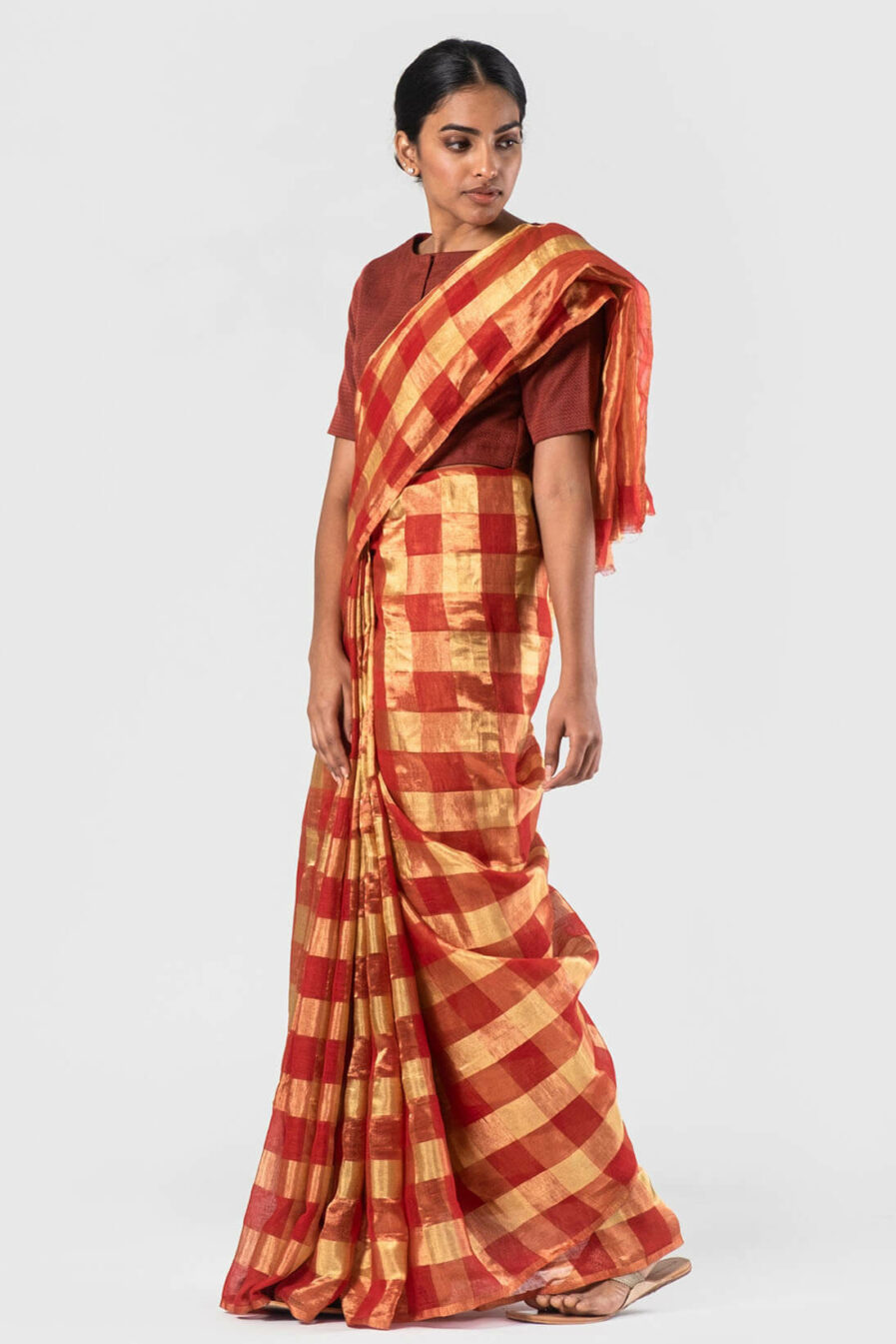 Anavila Red Gold checkered sari