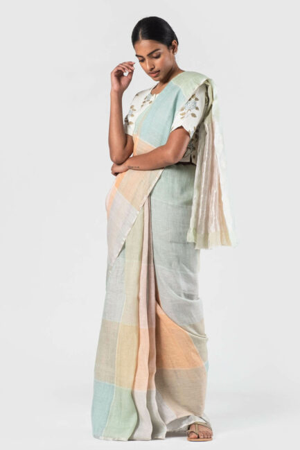Anavila Soft green Summer checkered sari
