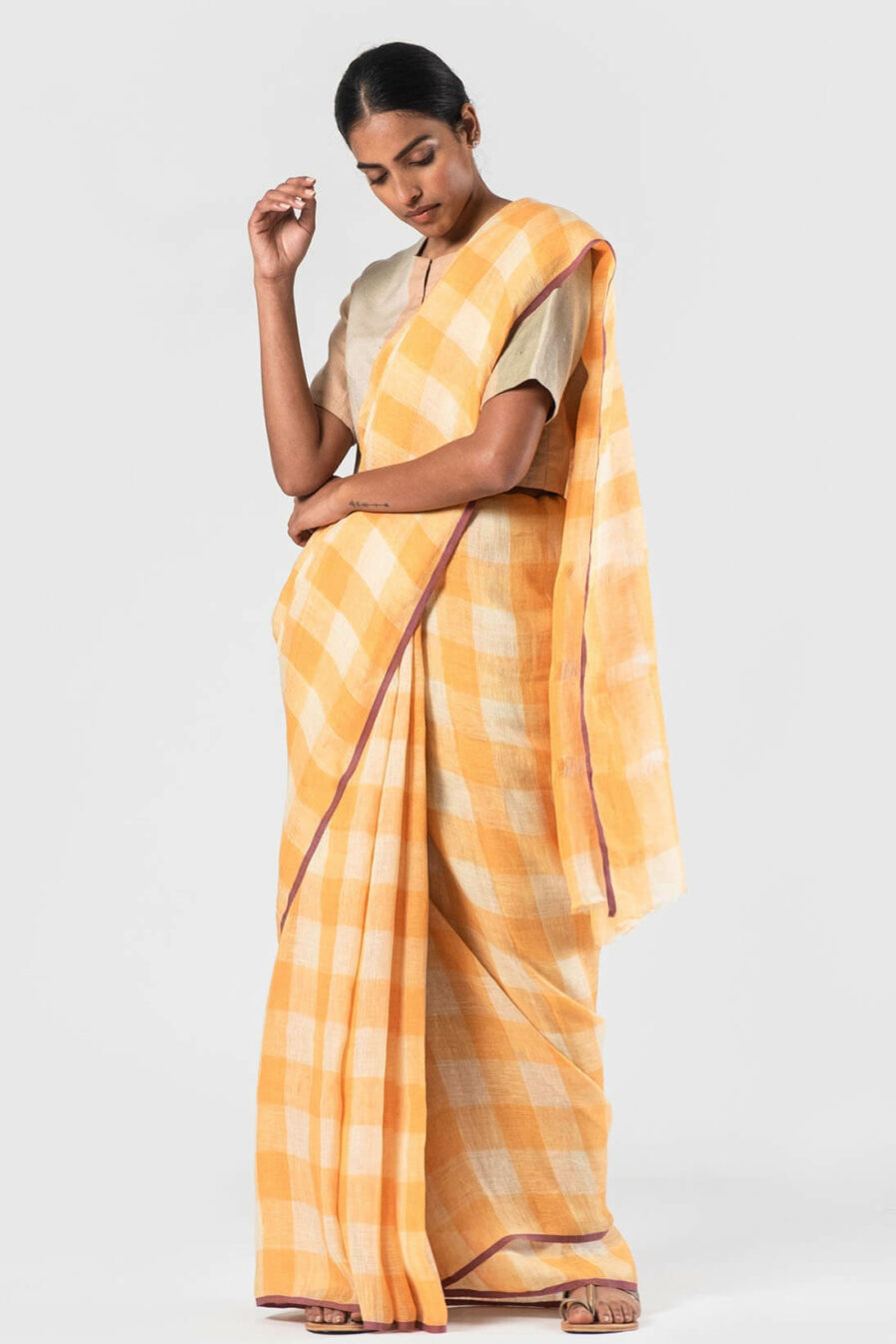 Anavila Tangerine Checkered linen sari