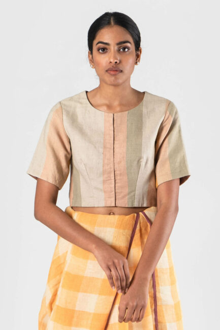 Anavila Peach-Natural Linen striped blouse