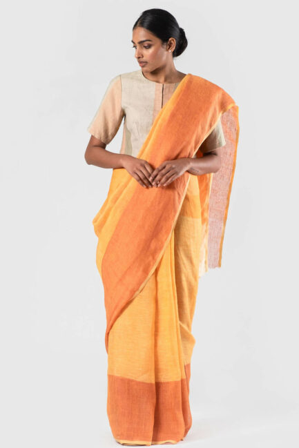 Aanvila Tan and tangerine linen sari