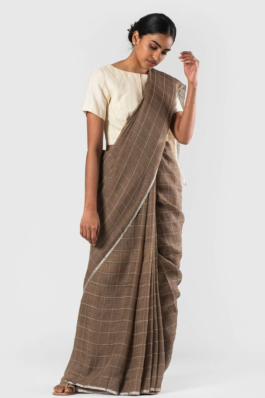 Anavila Brown Cotton cord checkered sari