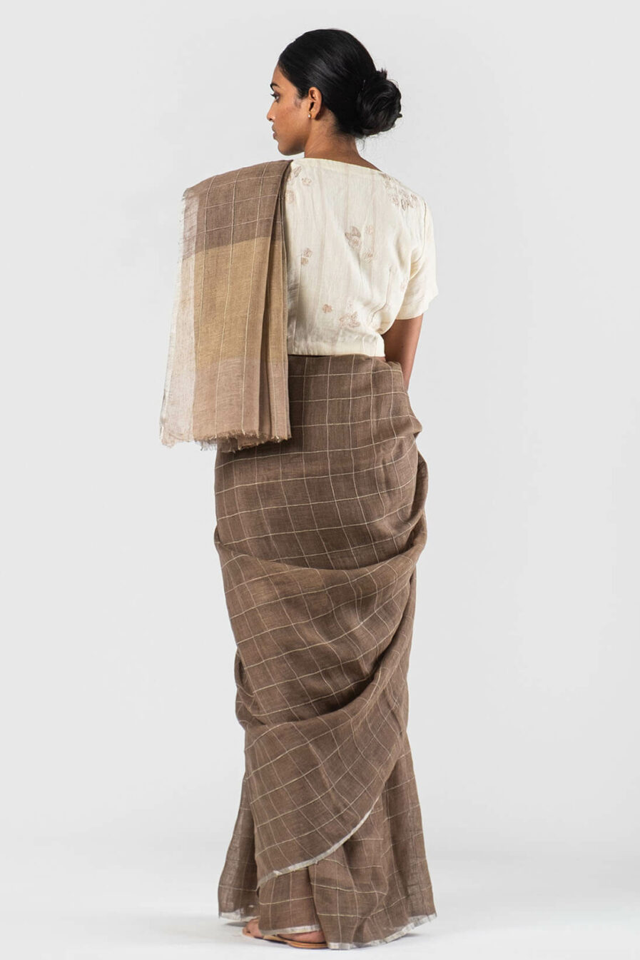 Anavila Brown Cotton cord checkered sari