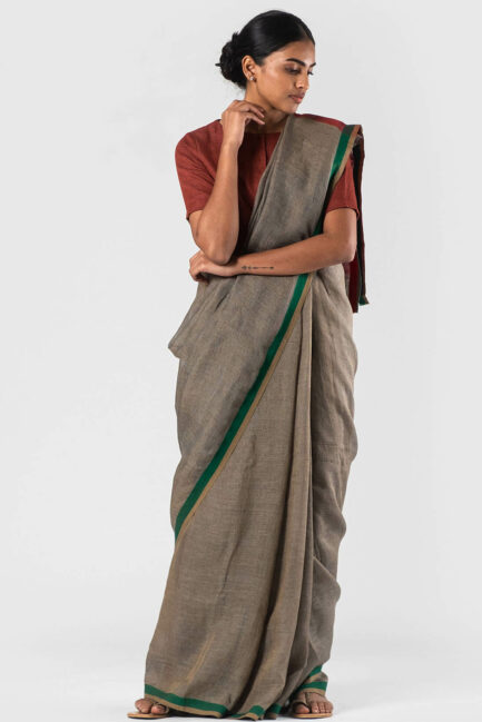 Anavila Grey Contrast selvedge linen sari