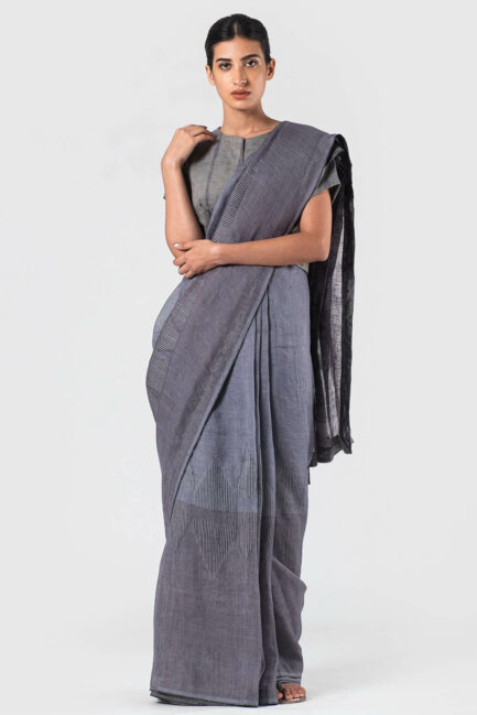 Anavila Dark grey Temple jacquard linen sari