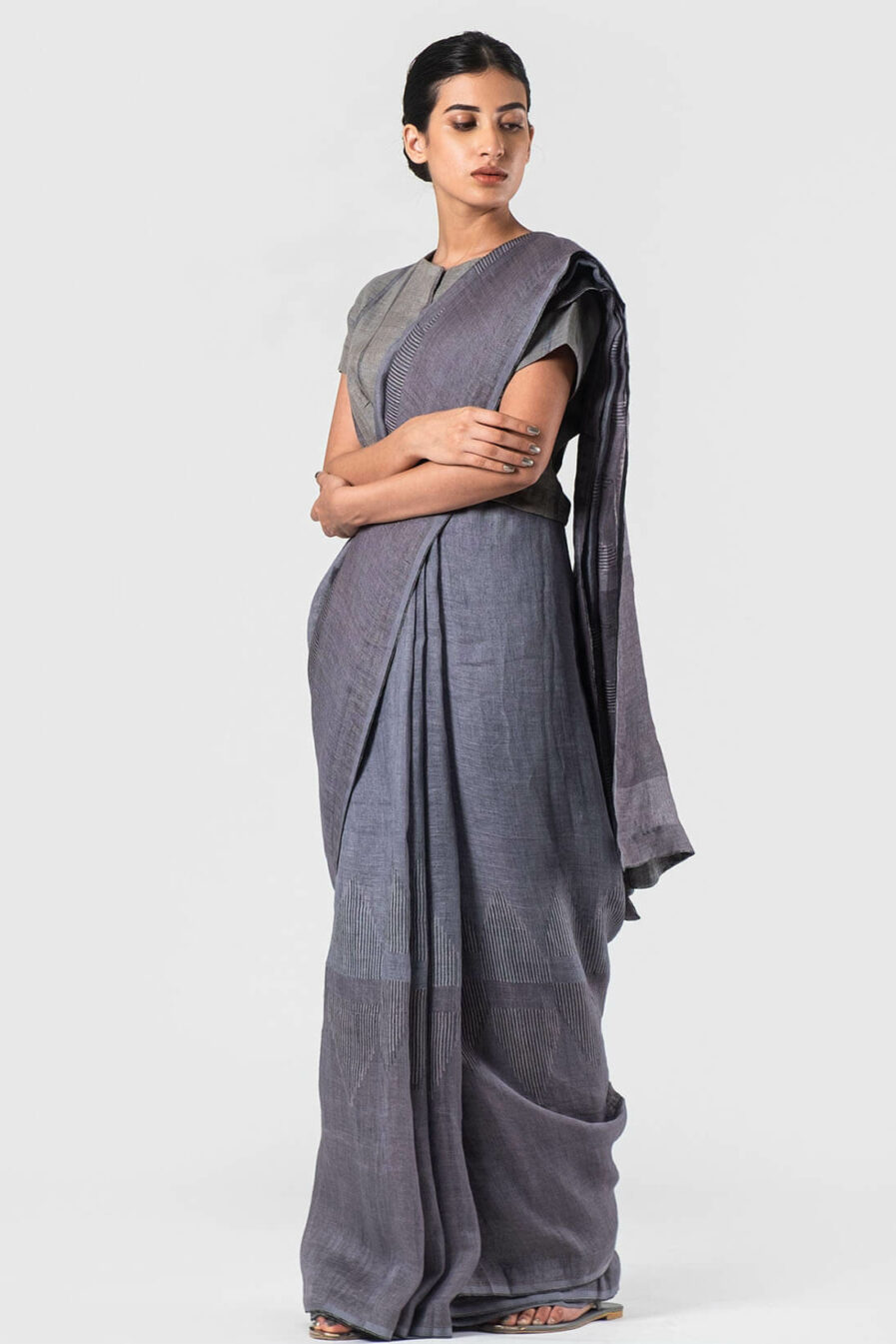 Anavila Dark grey Temple jacquard linen sari