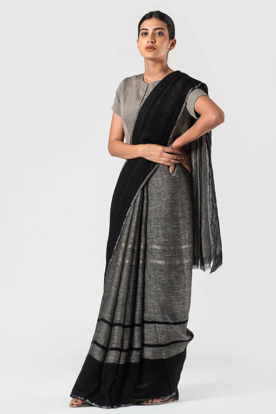 Anavila Charcoal Abstract leno striped linen sari