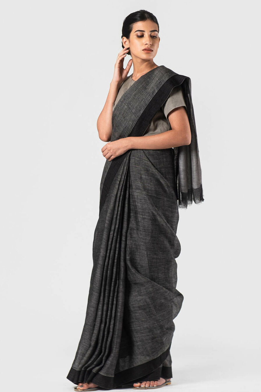 Anavila Charcoal Twill border summer linen sari