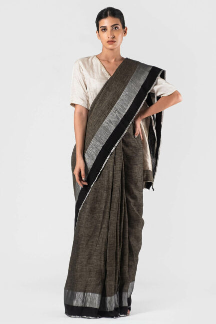 Anavila Charcoal Black satin border sari