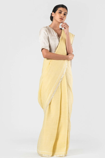 Anavila Canary yellow Khadi linen soft checkered sari