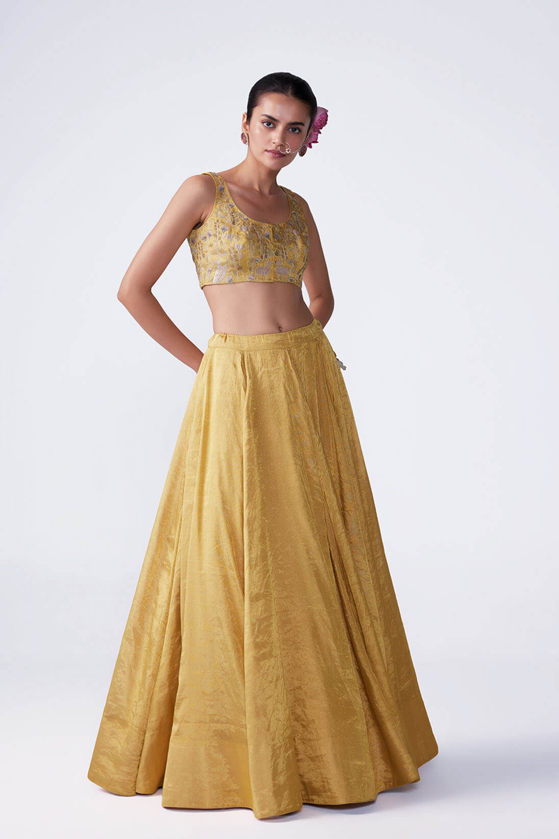 studio rasa Gold-Toned Embellished Net Fitted Crop Top - Absolutely Desi